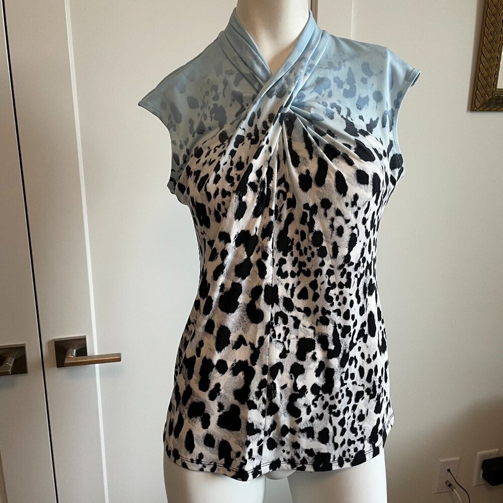 Calvin Klein Cap Slv Twist Neckline Animal Print Poly Blend Top Blue Blk Wht S